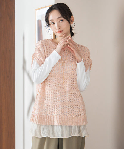 FONTLAB テープヤーンニットベスト×チェックフリルヘムインナーアンサンブル