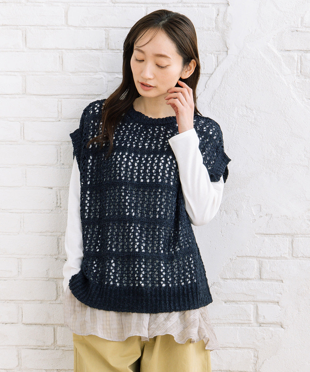 FONTLAB テープヤーンニットベスト×チェックフリルヘムインナーアンサンブル