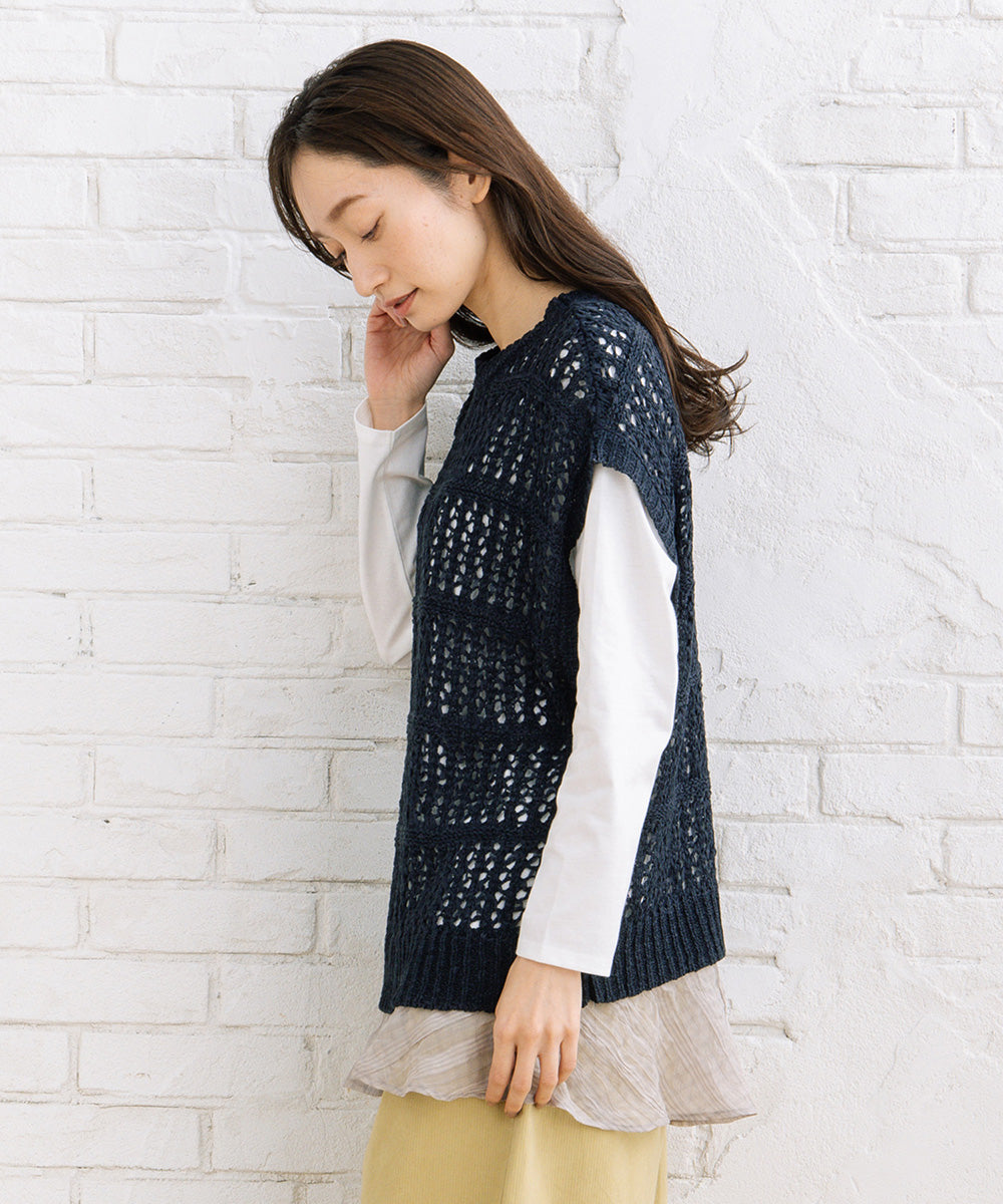 FONTLAB テープヤーンニットベスト×チェックフリルヘムインナーアンサンブル