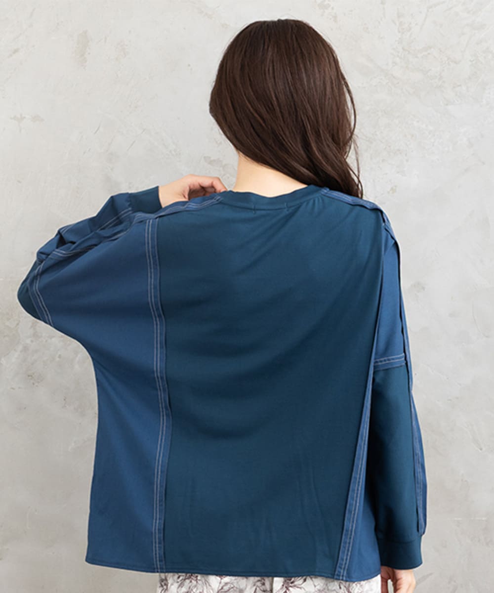 21号(6L～) FONTLAB 布帛コンビ配色ステッチカットソー