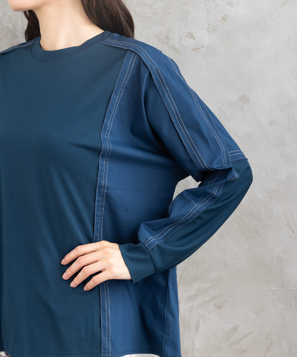 21号(6L～) FONTLAB 布帛コンビ配色ステッチカットソー