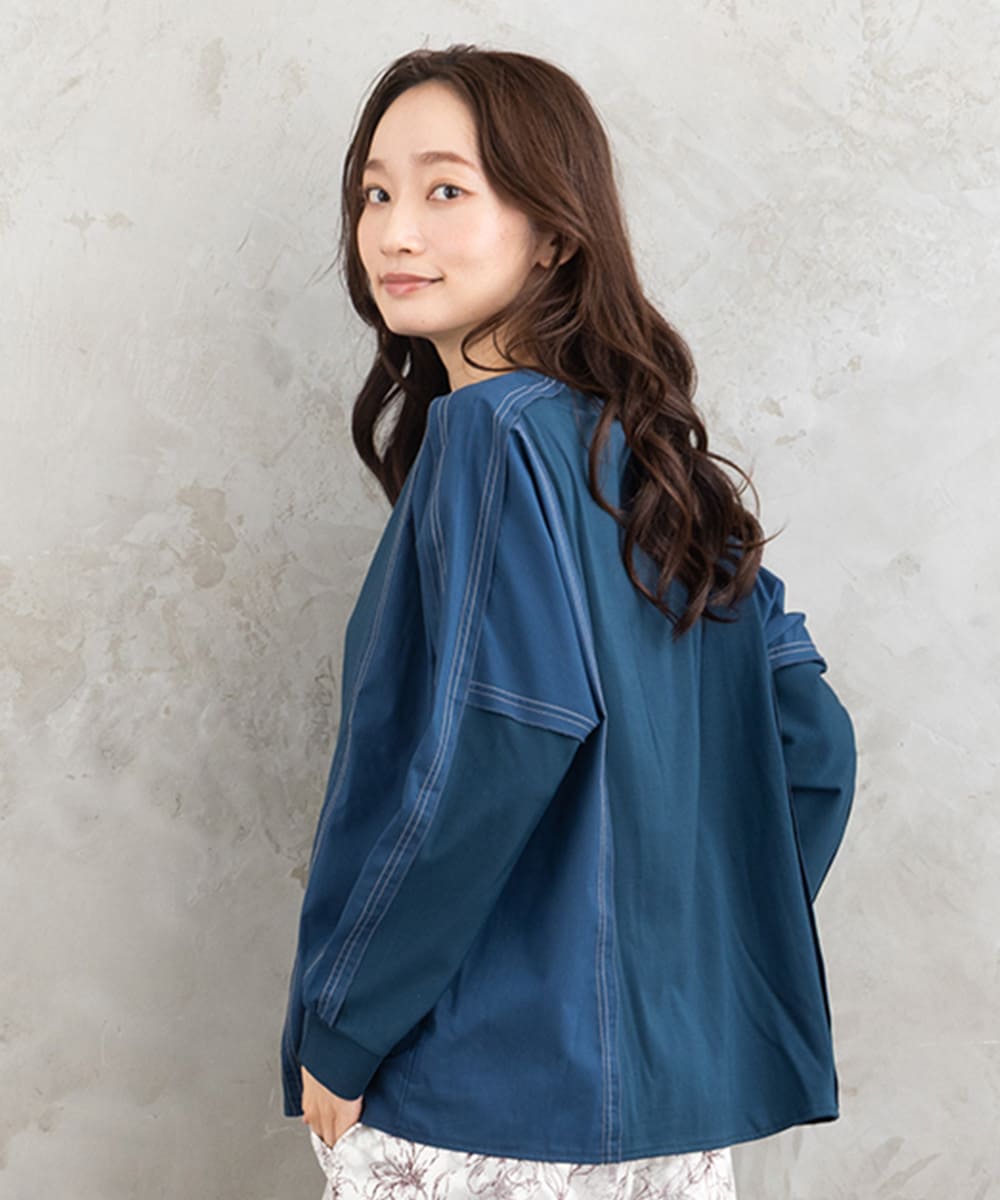 21号(6L～) FONTLAB 布帛コンビ配色ステッチカットソー