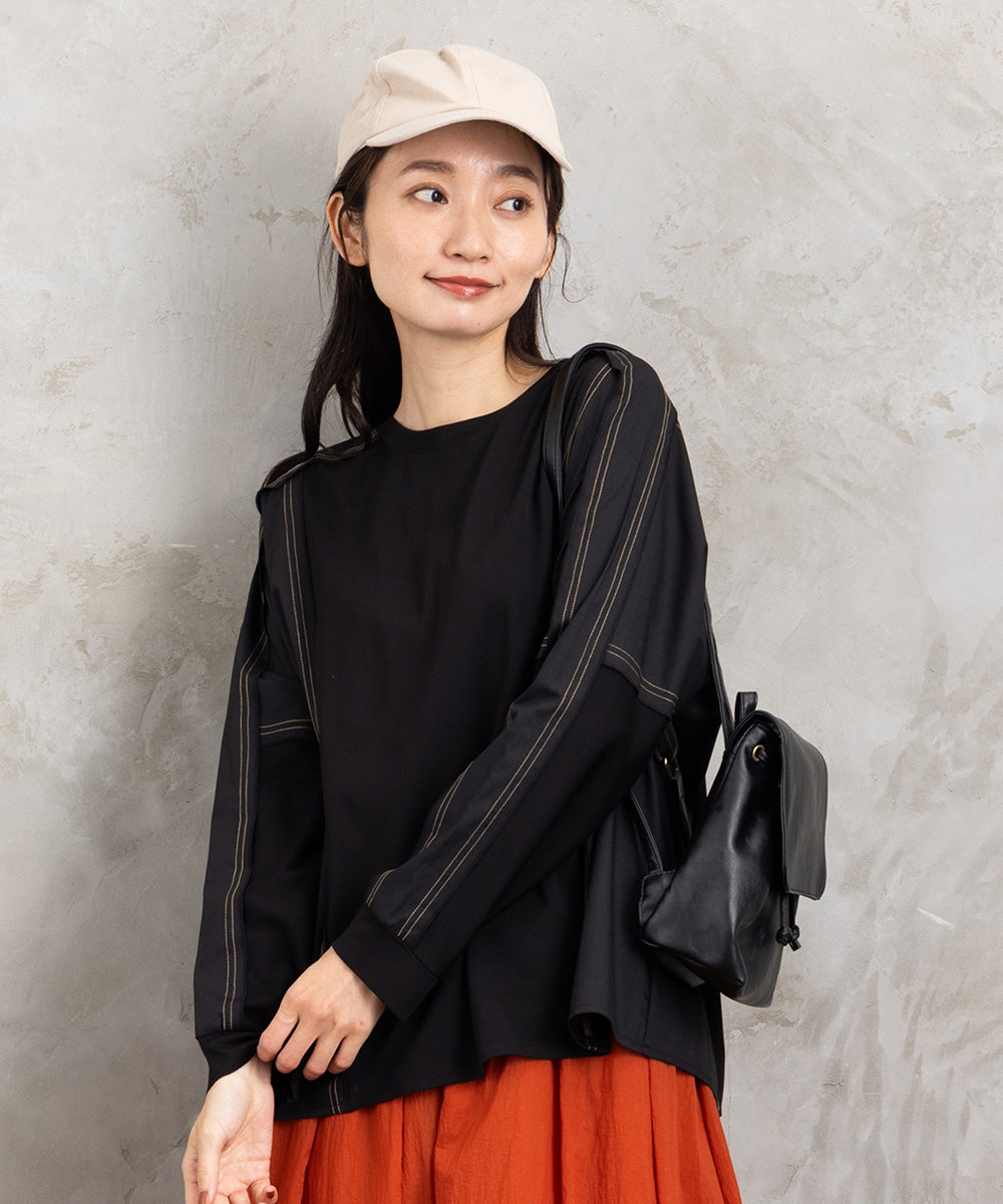 21号(6L～) FONTLAB 布帛コンビ配色ステッチカットソー