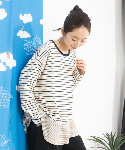 大きいサイズ レディース スイッチボーダーアシンメトリーカットソー