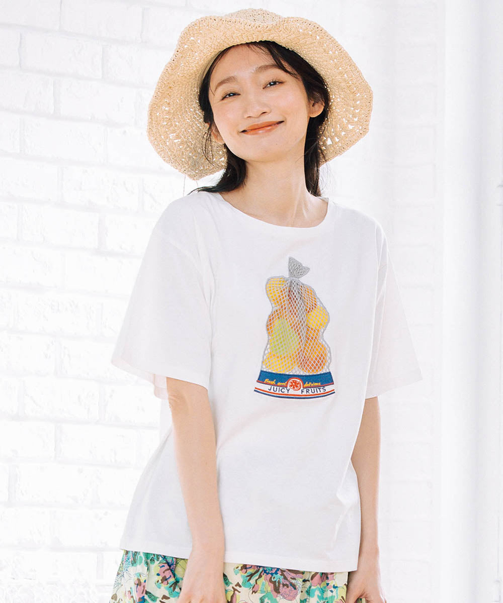 64-2537【大きいサイズ】 9号・15号(M・3L) トロンプルイユフルーツTシャツ