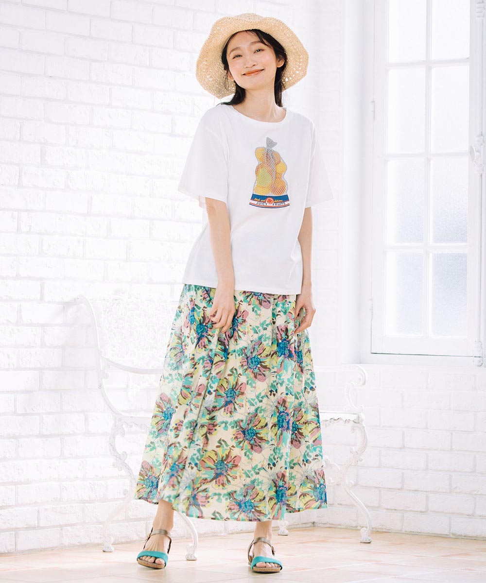 64-2537【大きいサイズ】 9号・15号(M・3L) トロンプルイユフルーツTシャツ