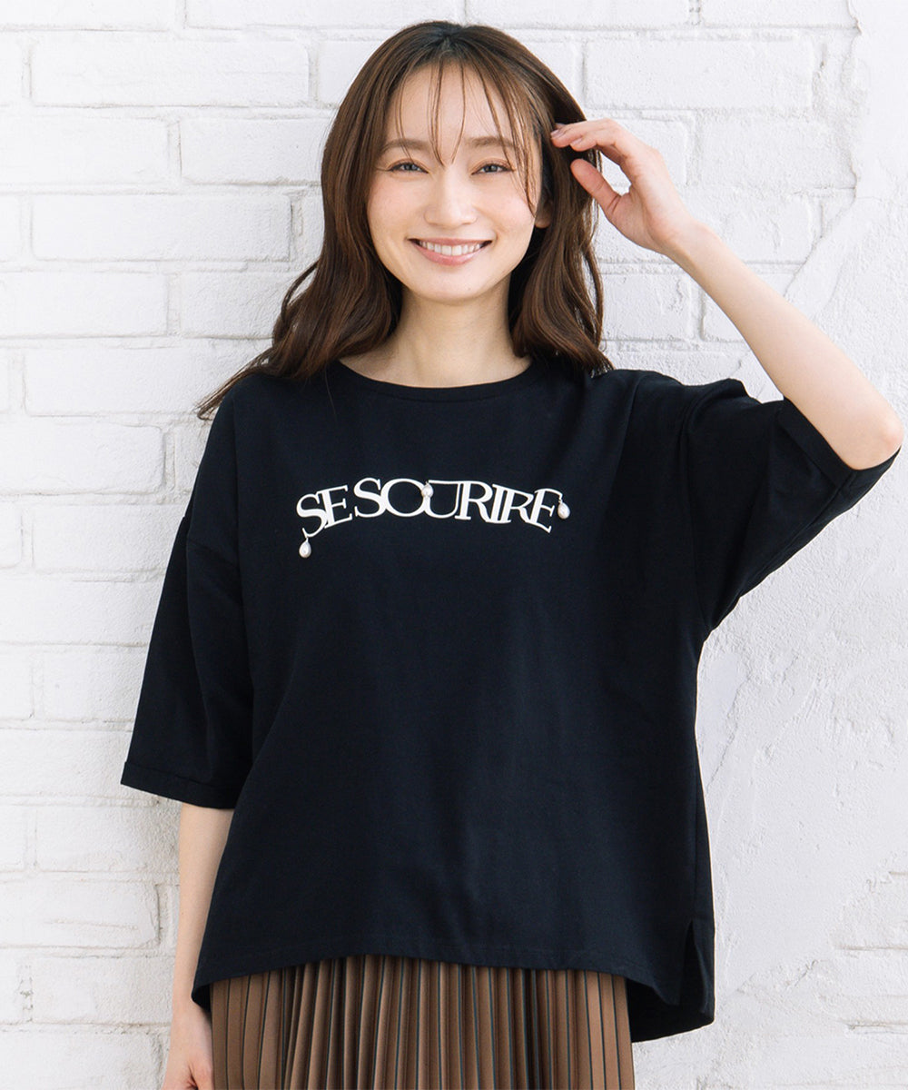 FONTLAB パールデコレートロゴ6分袖Tシャツ