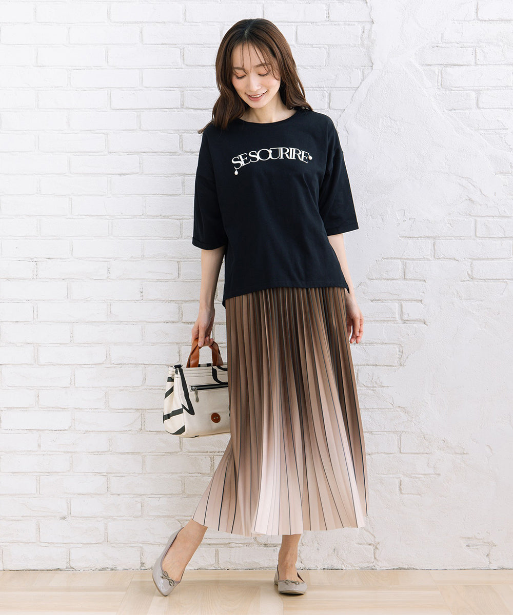 FONTLAB パールデコレートロゴ6分袖Tシャツ