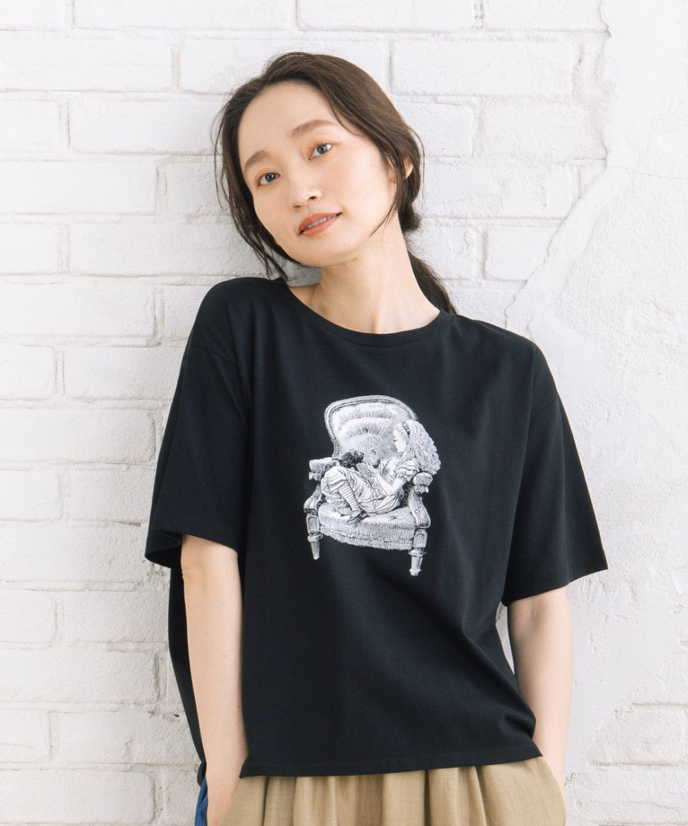 [Rogique]THE MACMILLAN Alice モノクロアリスプリントスペードトランプ刺繍Tシャツ