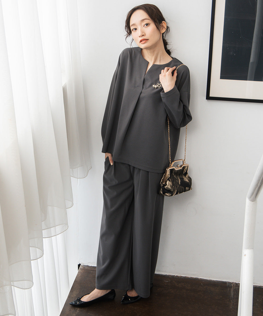 FONTLAB 【COOL・UV・速乾】キーネックカットソー×ワイドタックパンツセットアップ