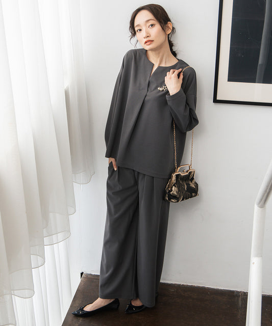 FONTLAB 【COOL・UV・速乾】キーネックカットソー×ワイドタックパンツセットアップ