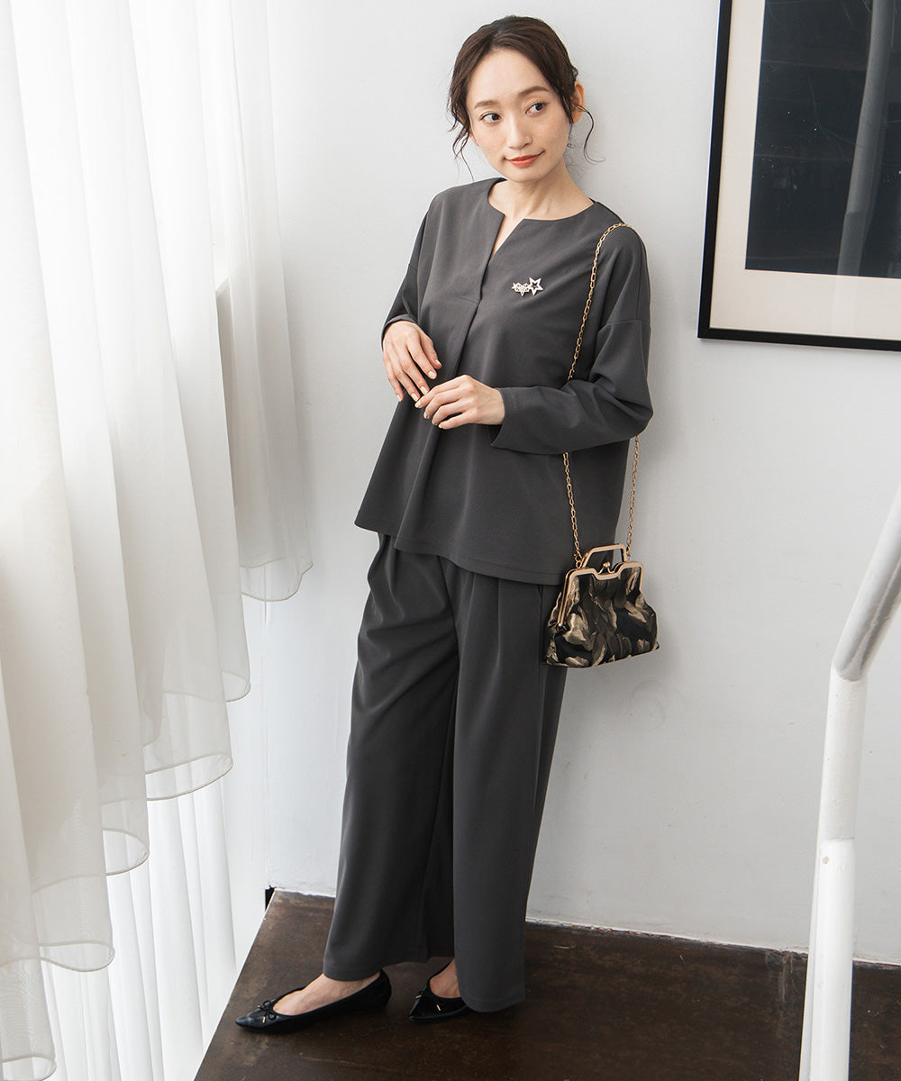 21号(6L～) FONTLAB 【COOL・UV・速乾】キーネックカットソー×ワイドタックパンツセットアップ