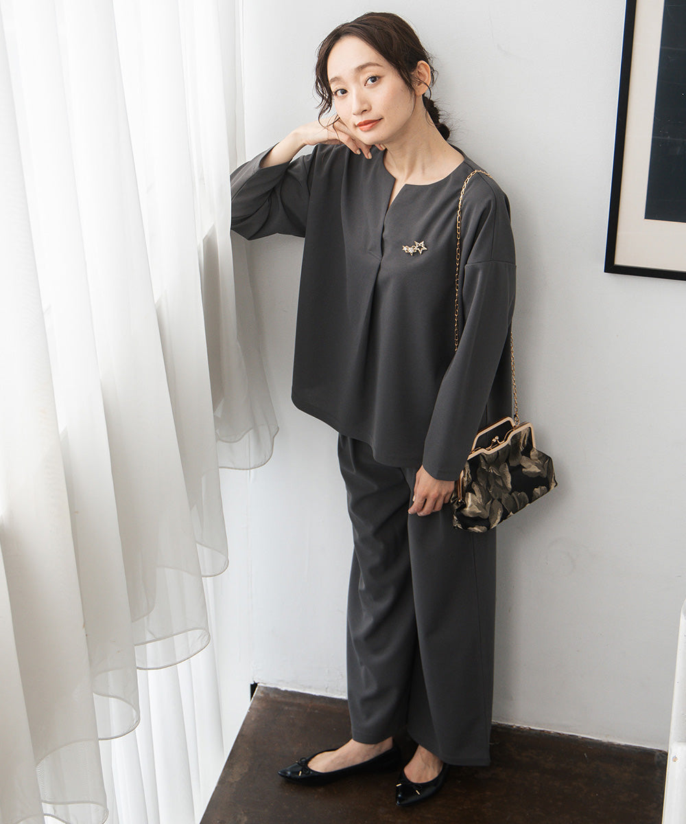 21号(6L～) FONTLAB 【COOL・UV・速乾】キーネックカットソー×ワイドタックパンツセットアップ