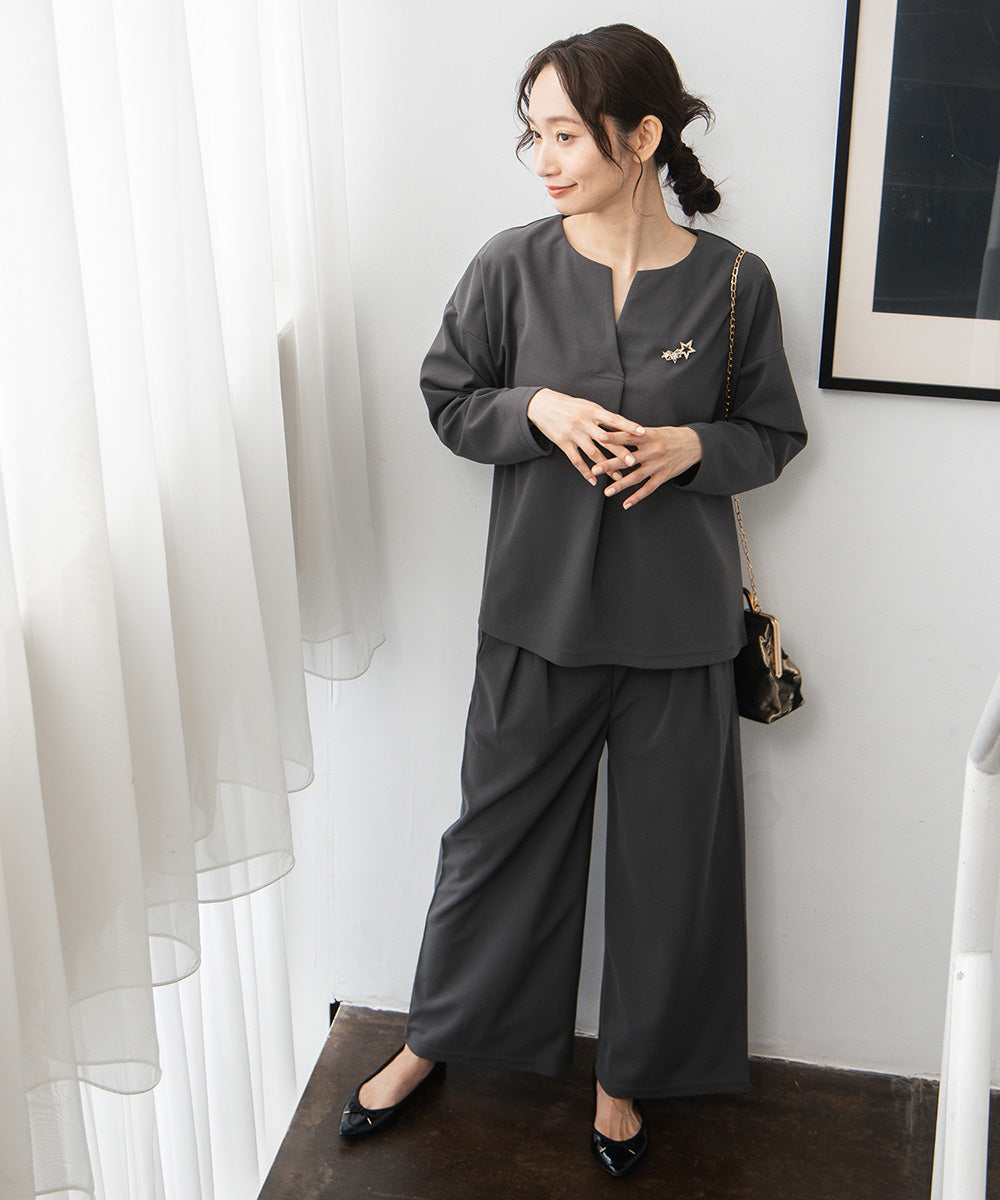 21号(6L～) FONTLAB 【COOL・UV・速乾】キーネックカットソー×ワイドタックパンツセットアップ