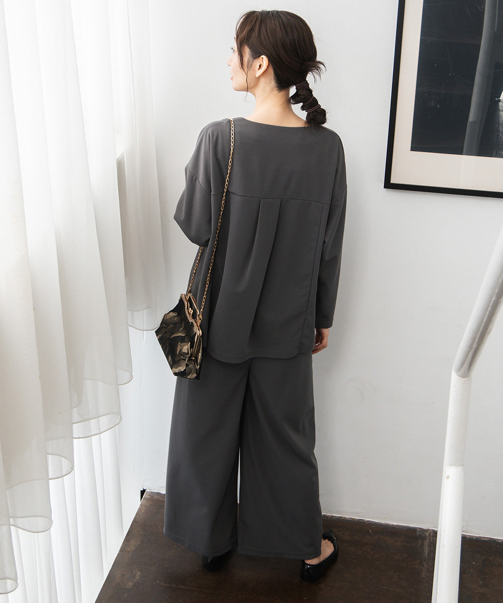 21号(6L～) FONTLAB 【COOL・UV・速乾】キーネックカットソー×ワイドタックパンツセットアップ