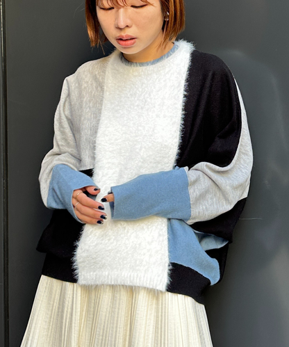 【FONT LAB】シャギーコンビカラーブロックニット