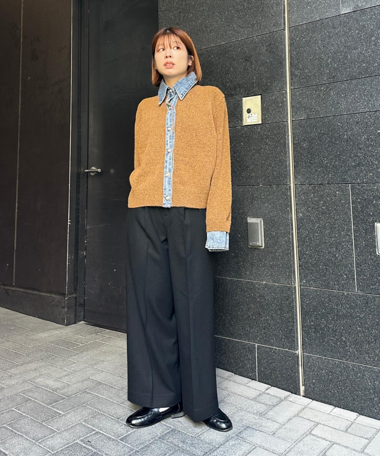 【FONT LAB】デニムシャツフェイクレイヤードニットカーディガン