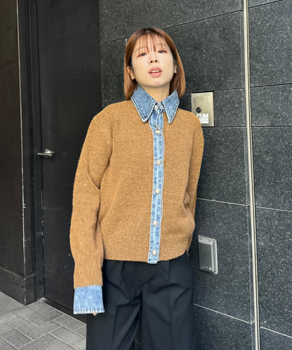 【FONT LAB】デニムシャツフェイクレイヤードニットカーディガン