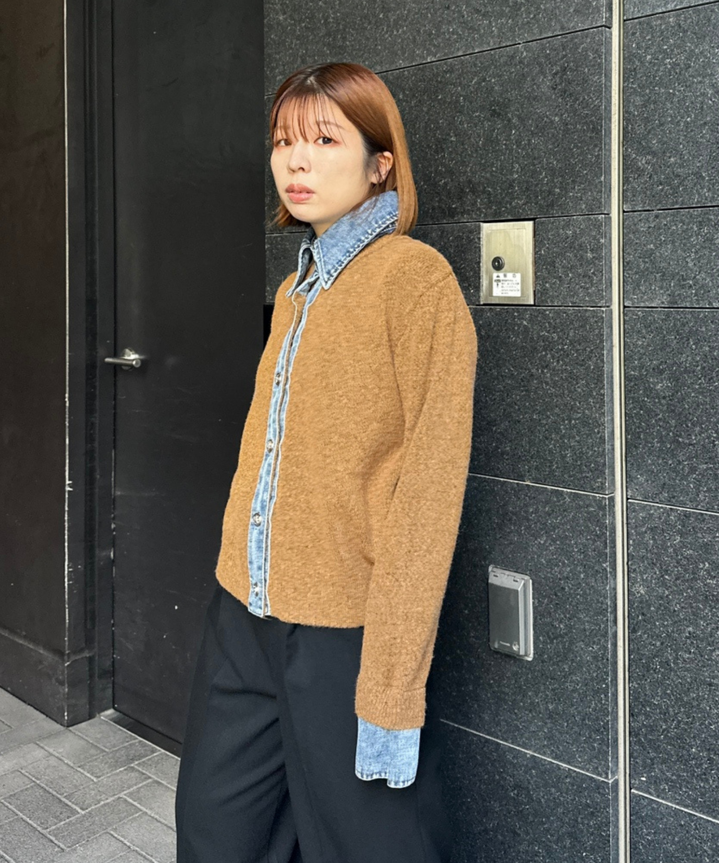 【FONT LAB】デニムシャツフェイクレイヤードニットカーディガン