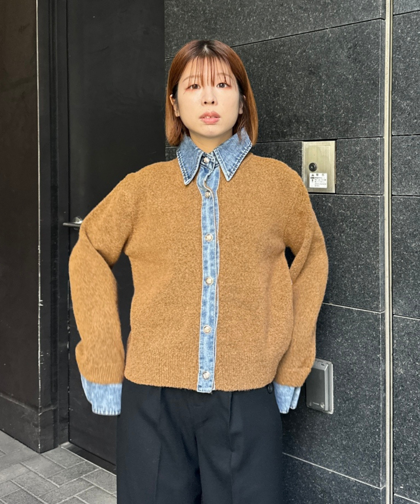 【FONT LAB】デニムシャツフェイクレイヤードニットカーディガン