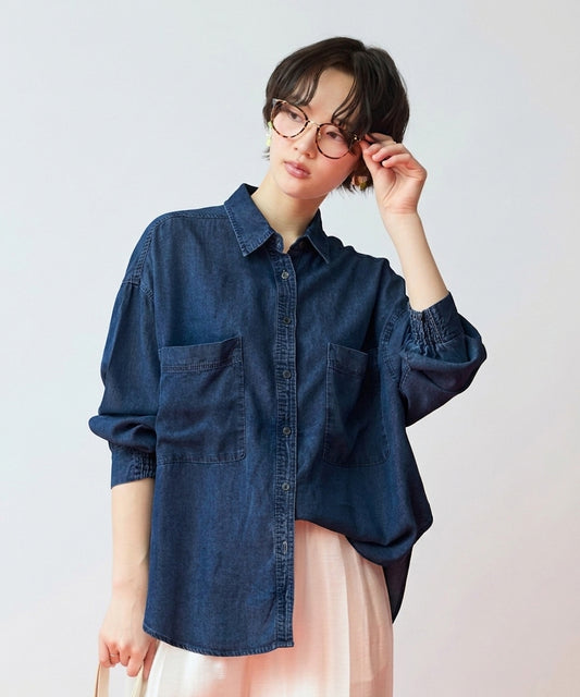 01-5960　【FONT LAB】シャーリングスリーブデニムシャツ