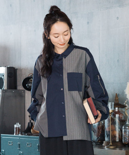 01-6770BLANC basque [Rogique]異素材MIXブルゾンライクストライプシャツ【先行予約】
