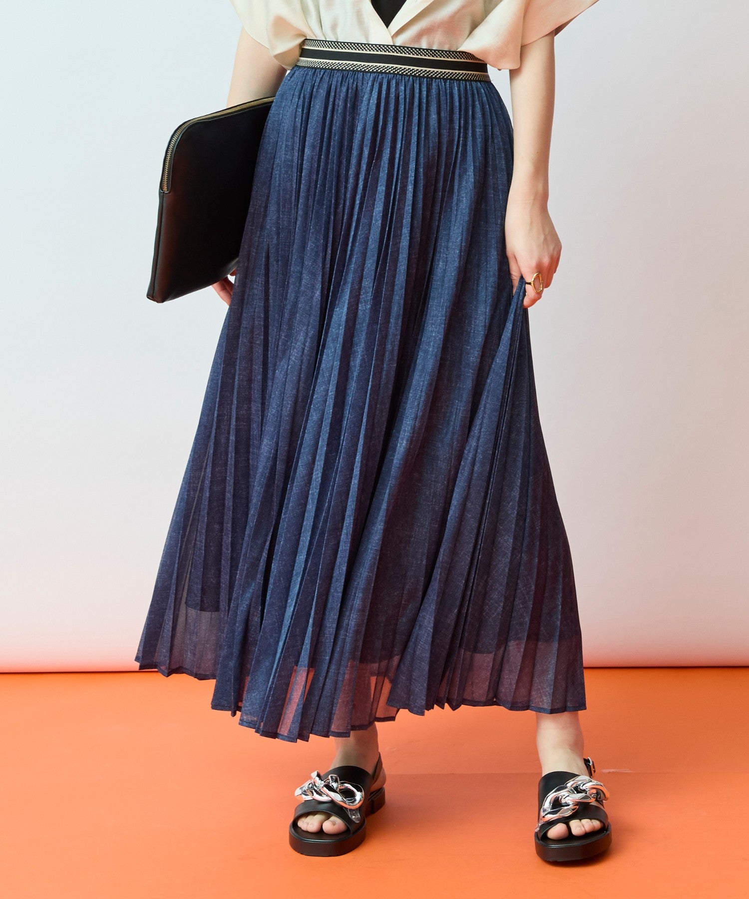 14-5924 【FONT LAB】デニムプリントシアープリーツスカート