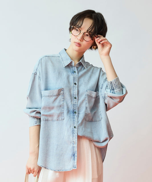 01-5960　【FONT LAB】シャーリングスリーブデニムシャツ