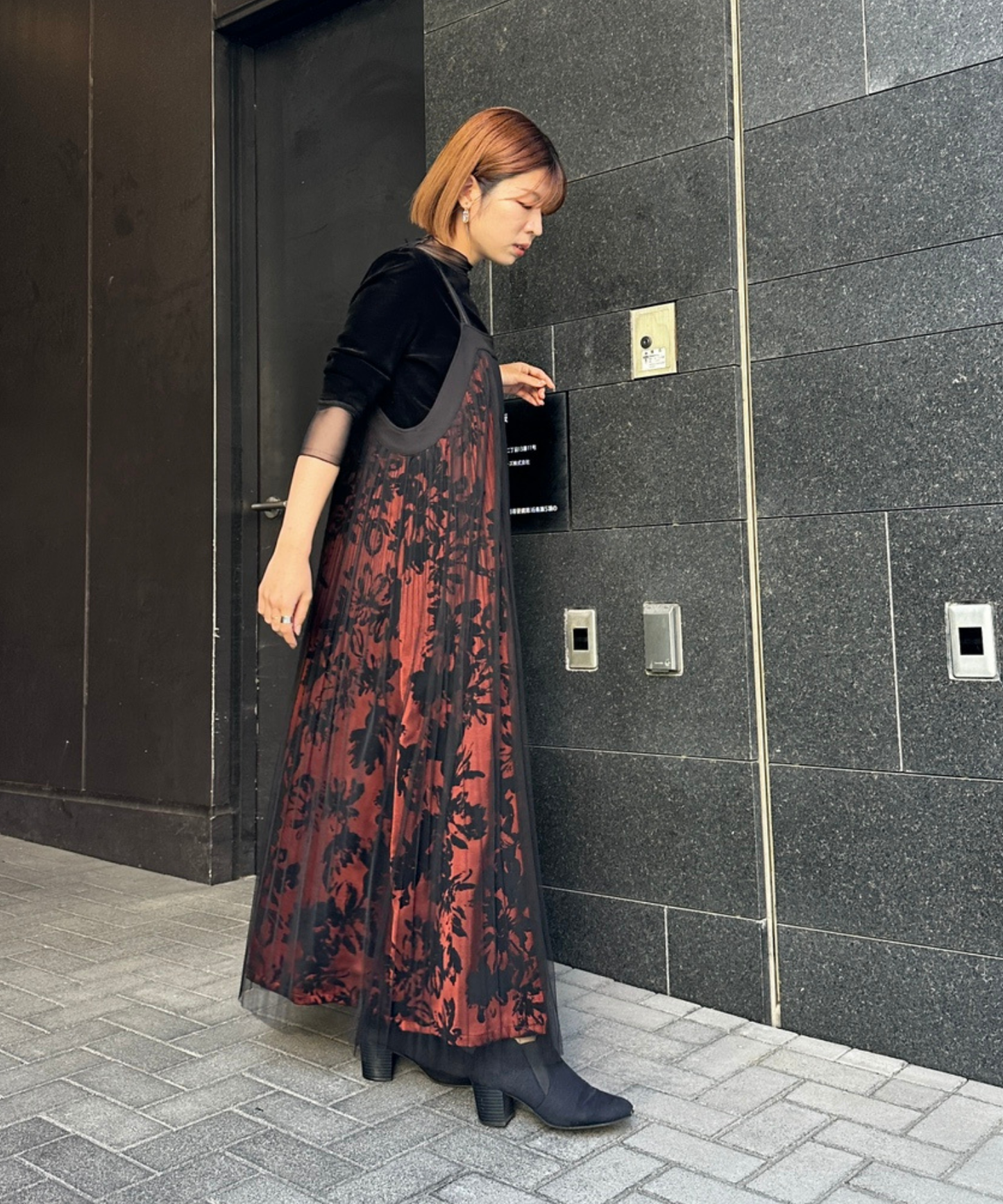 【FONT LAB】フロッキープリント×チュールコンビワンピース