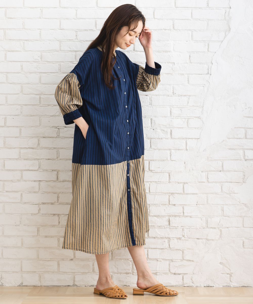 ストライプ＆チェック前開きタックワンピース