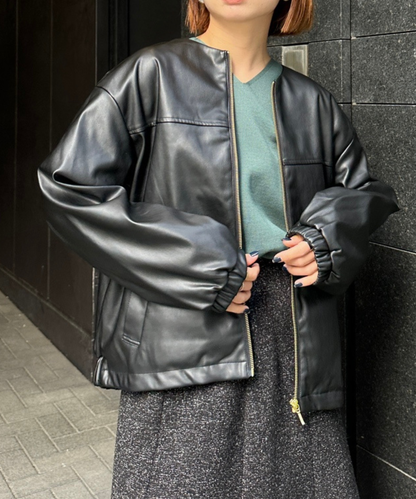 【INNOWAVE】【R】ラウンドネックフェイクレザーブルゾン