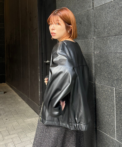 【INNOWAVE】【R】ラウンドネックフェイクレザーブルゾン