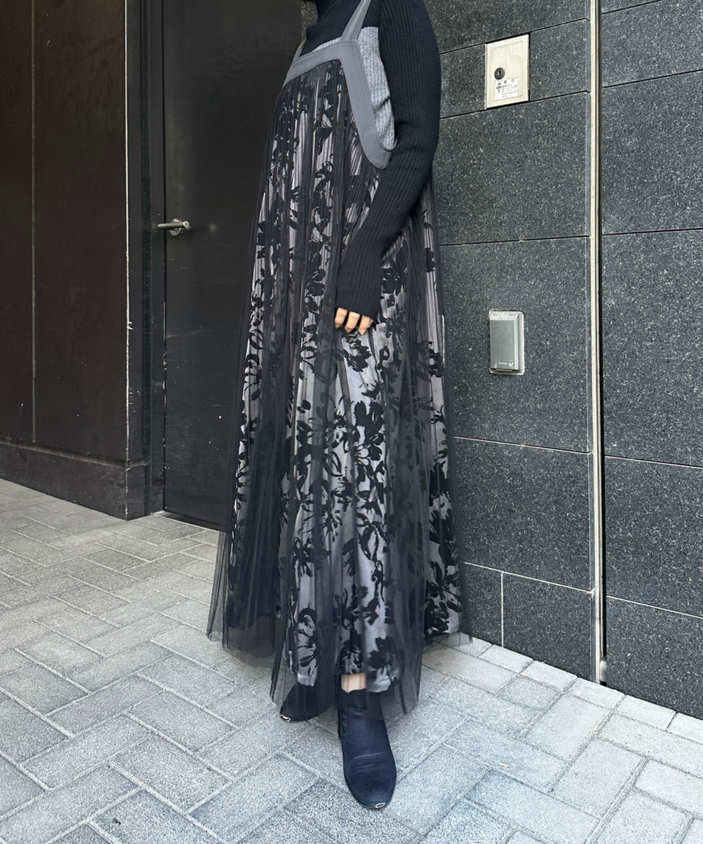 【FONT LAB】フロッキープリント×チュールコンビワンピース