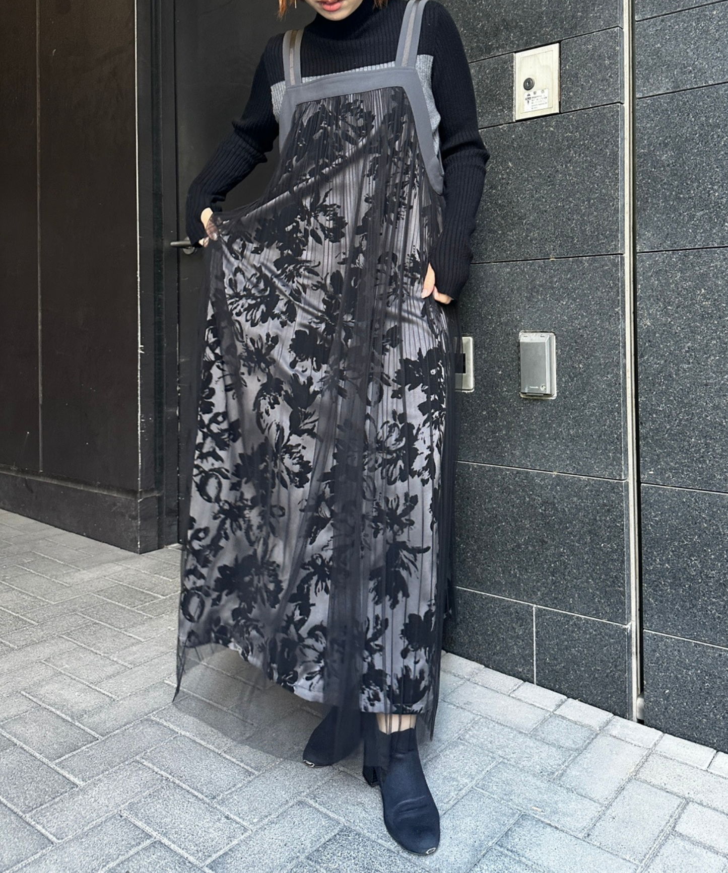 【FONT LAB】フロッキープリント×チュールコンビワンピース