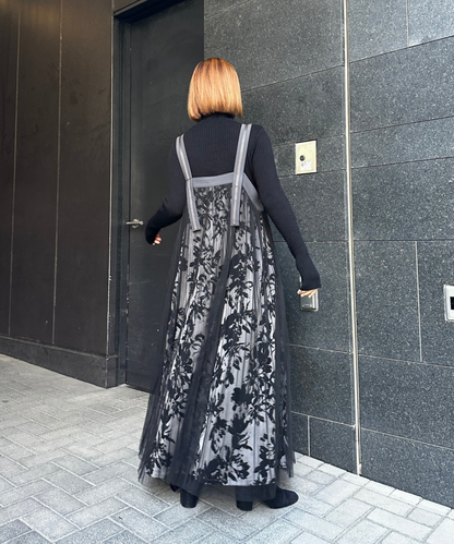 【FONT LAB】フロッキープリント×チュールコンビワンピース