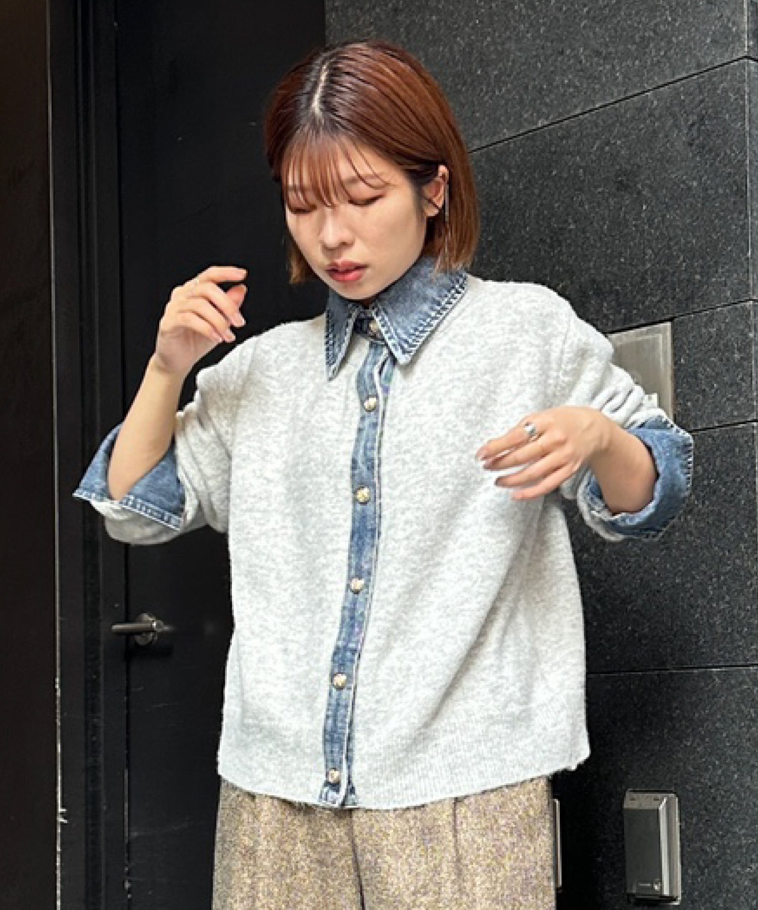 【FONT LAB】デニムシャツフェイクレイヤードニットカーディガン