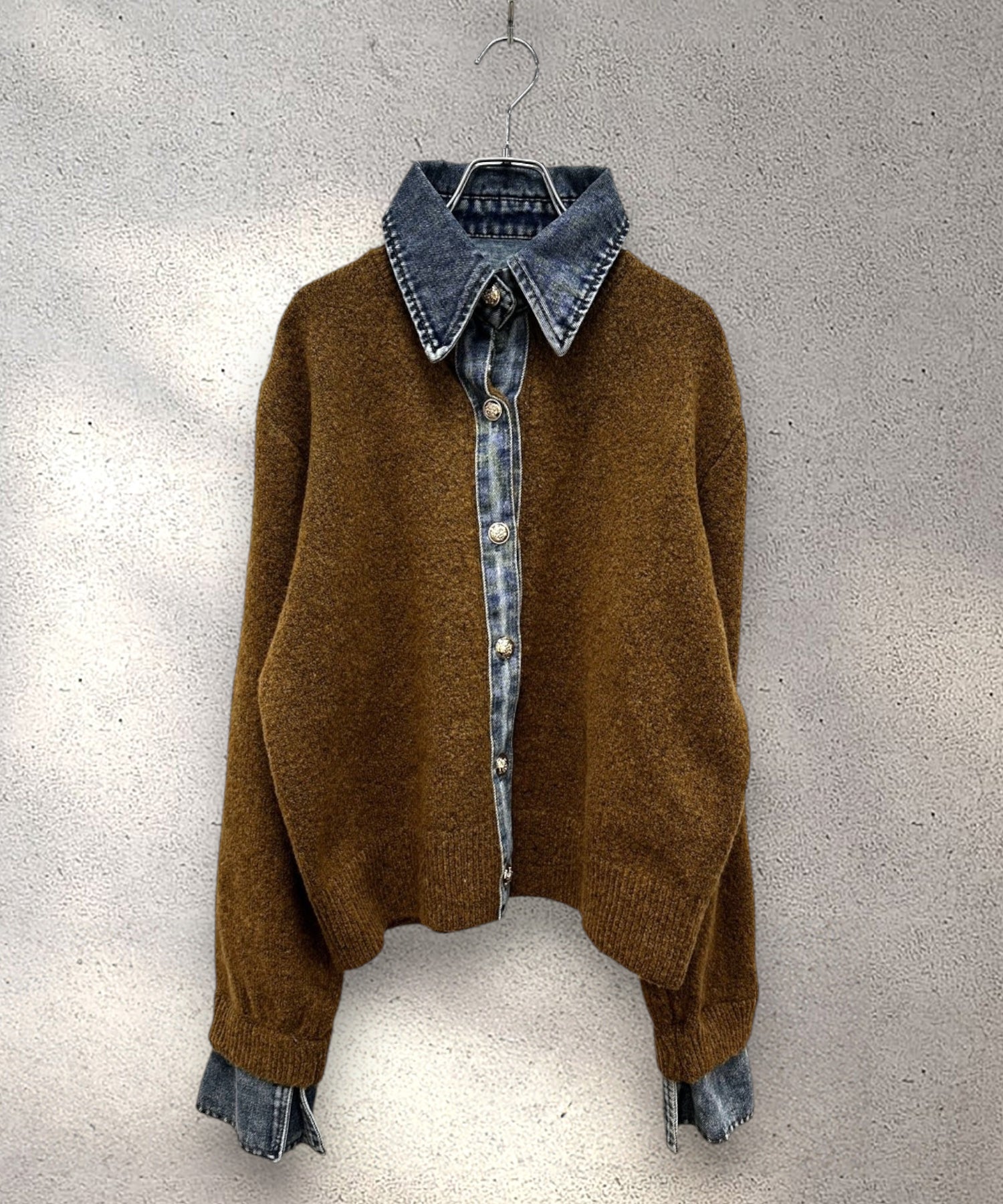 【FONT LAB】デニムシャツフェイクレイヤードニットカーディガン
