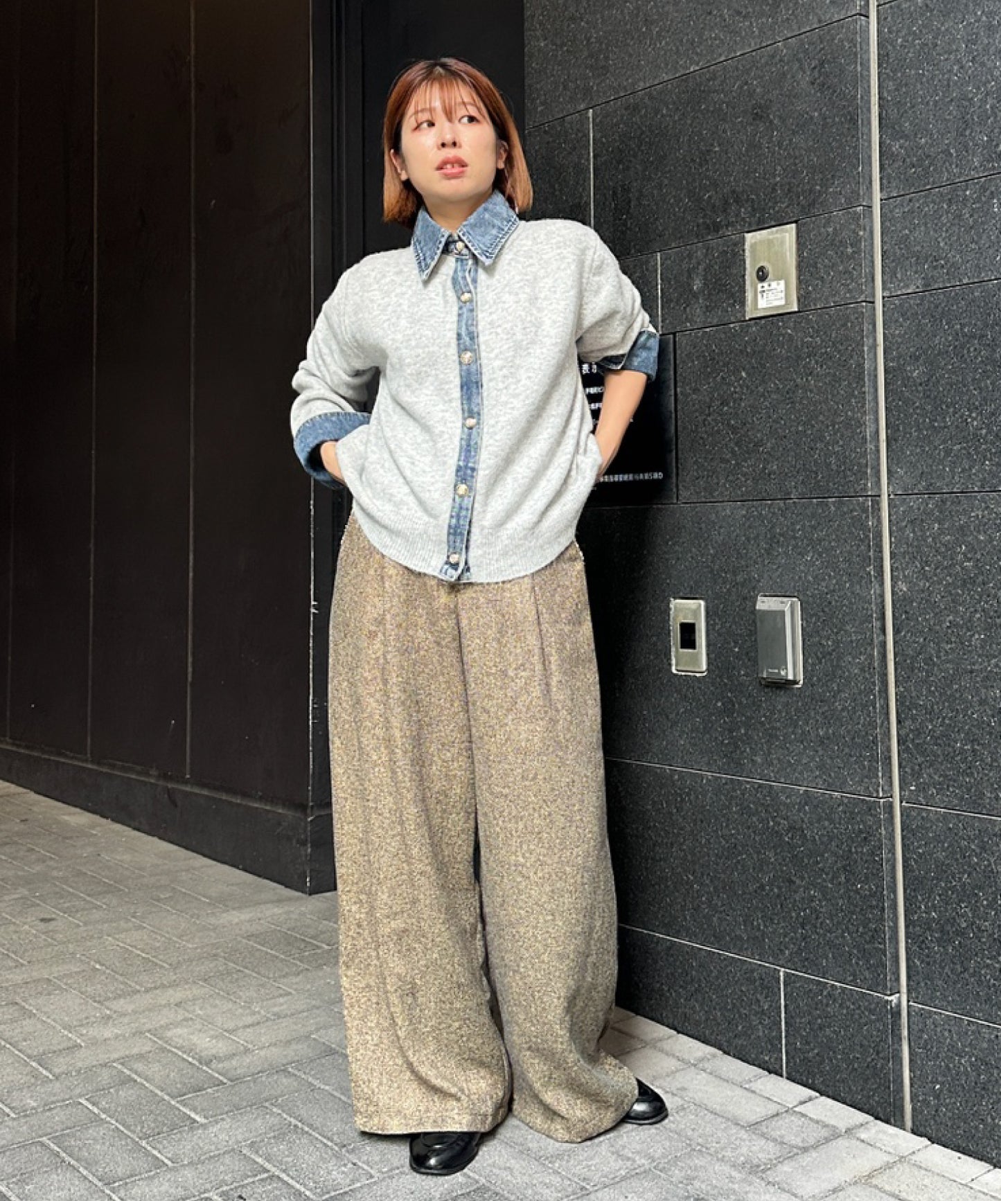 【FONT LAB】デニムシャツフェイクレイヤードニットカーディガン