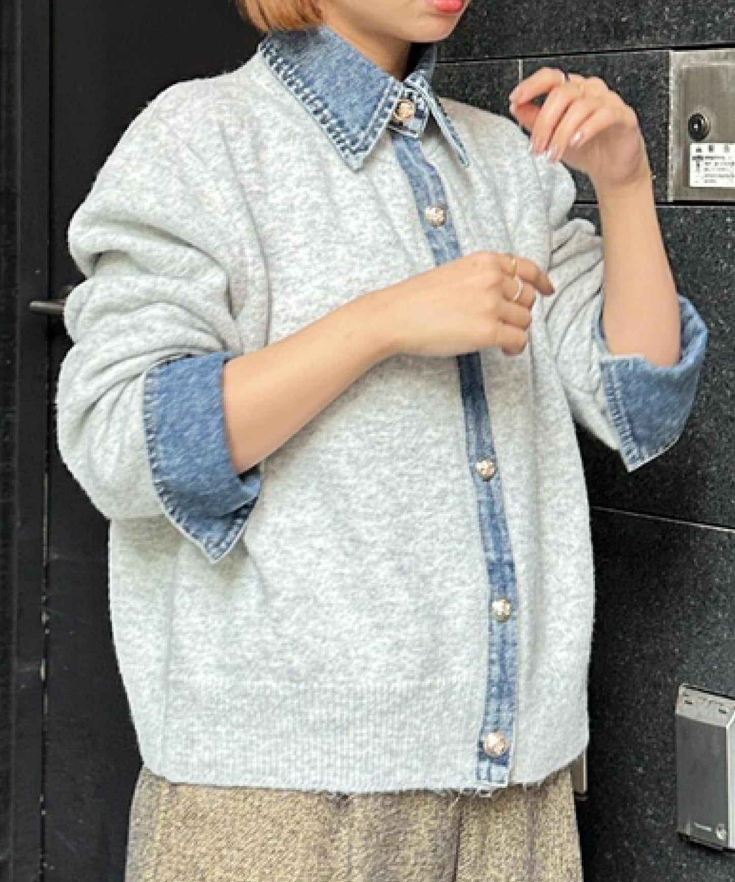 【FONT LAB】デニムシャツフェイクレイヤードニットカーディガン