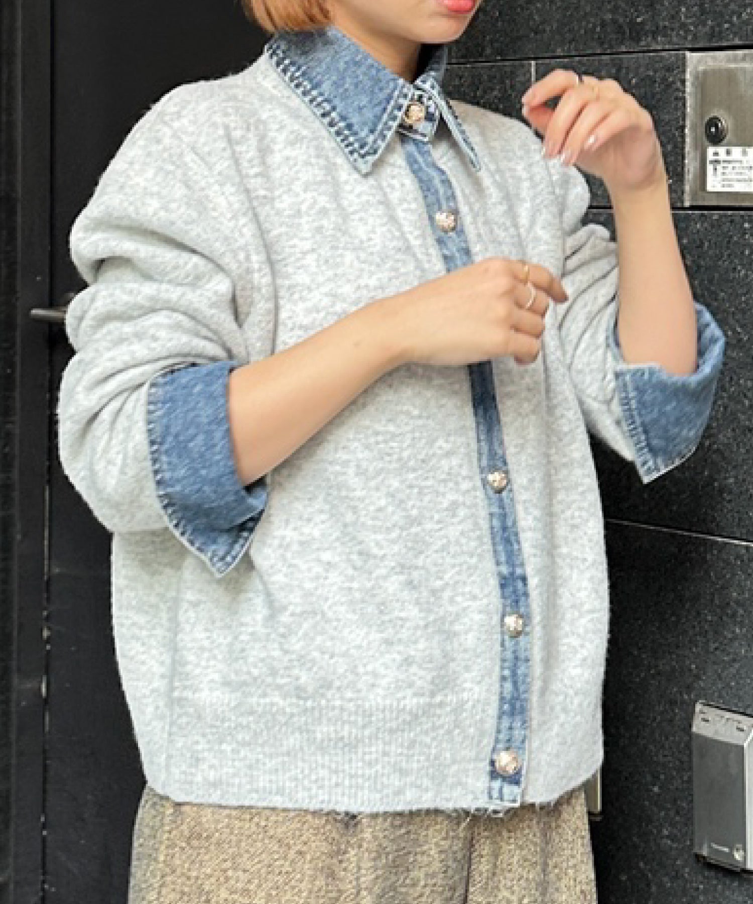 【FONT LAB】デニムシャツフェイクレイヤードニットカーディガン