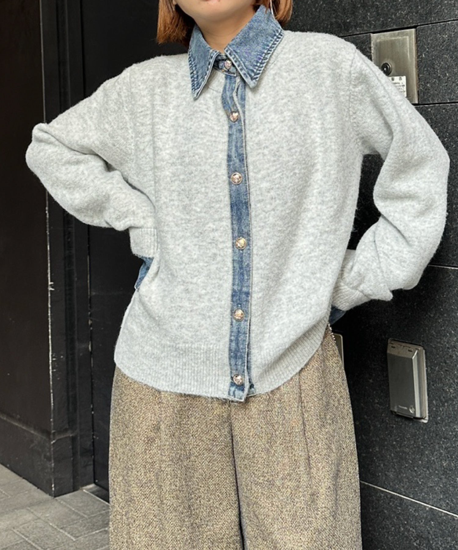 【FONT LAB】デニムシャツフェイクレイヤードニットカーディガン