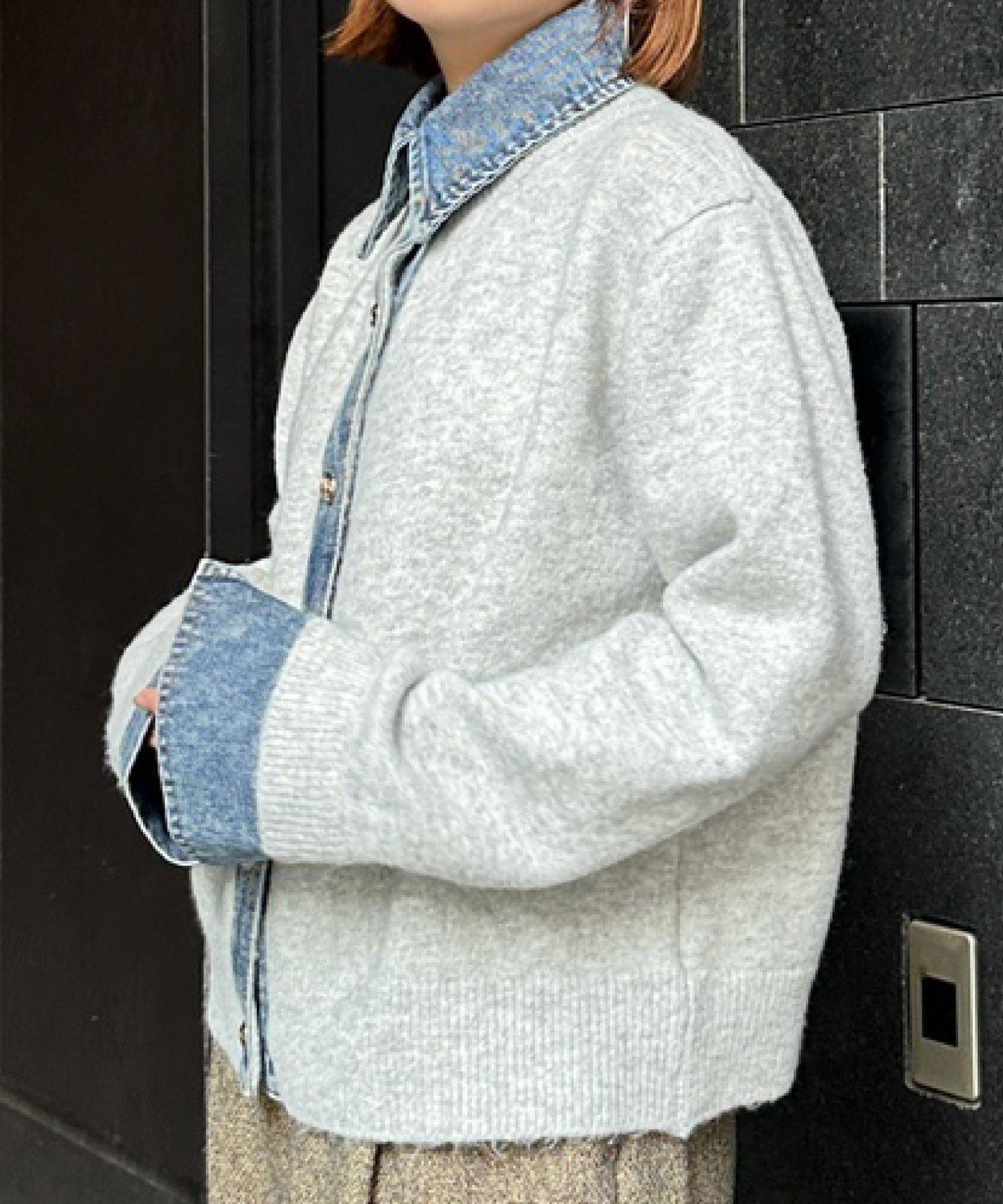 【FONT LAB】デニムシャツフェイクレイヤードニットカーディガン