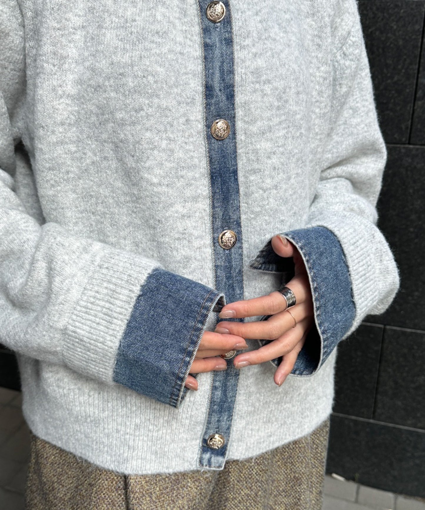 【FONT LAB】デニムシャツフェイクレイヤードニットカーディガン