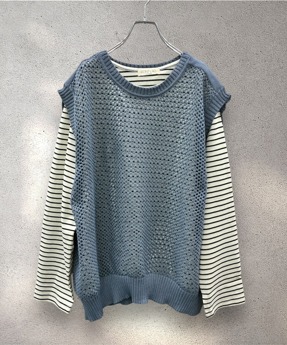 FONTLAB メッシュニットベスト×ボーダーカットソーアンサンブル