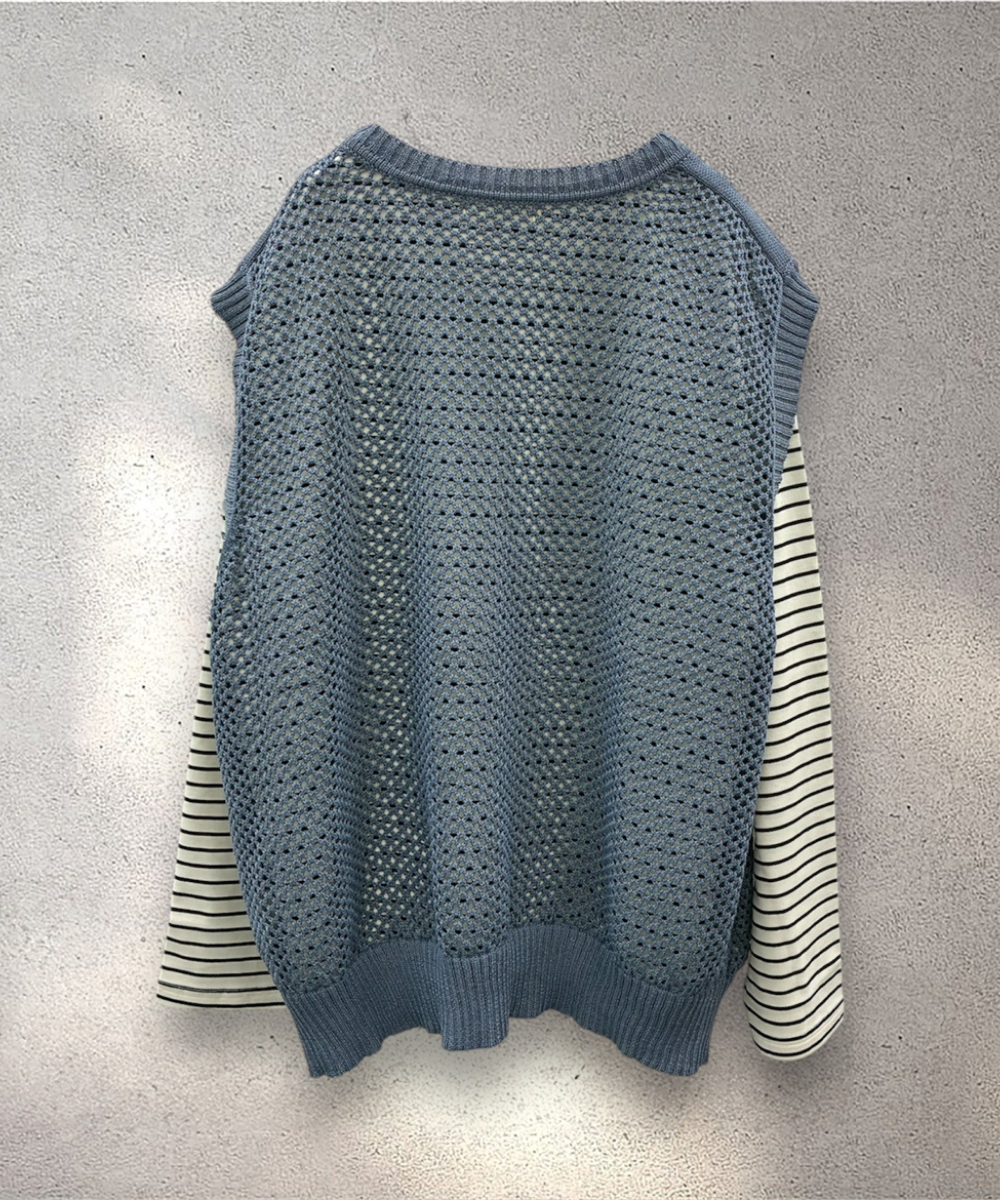 FONTLAB メッシュニットベスト×ボーダーカットソーアンサンブル