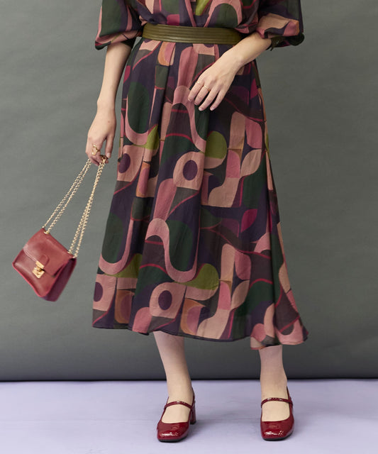 【SKATIE】ジオメトリックプリントウエストレザースカート