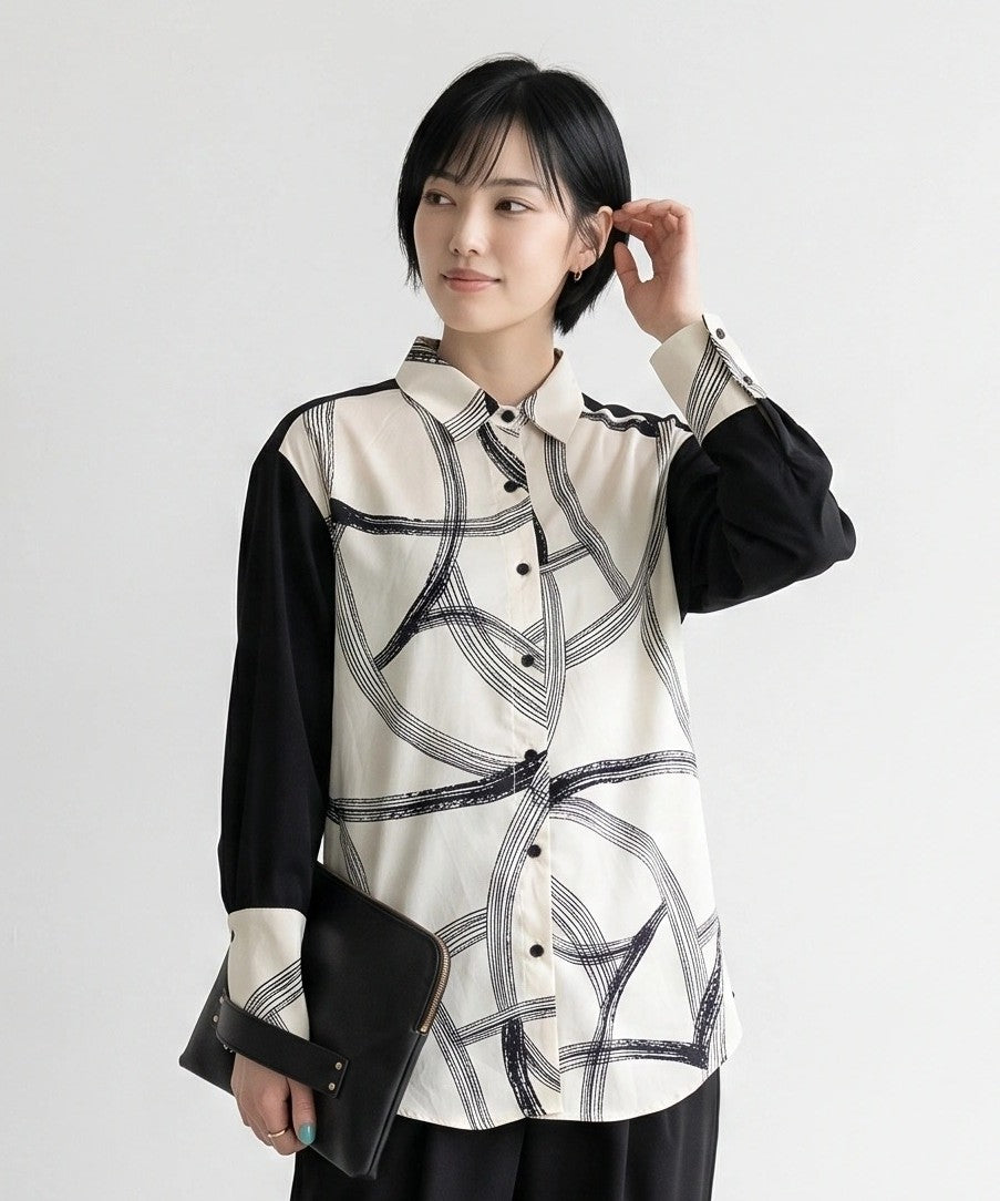 【SKATIE】アブストラクトサークルプリント異素材コンビシャツ
