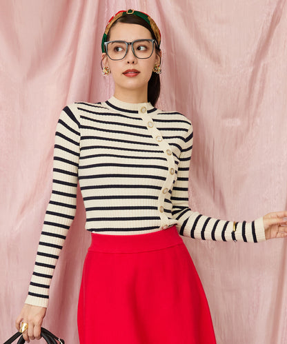 51-5650【FONT LAB】アシンメトリー釦ハイネックリブニット