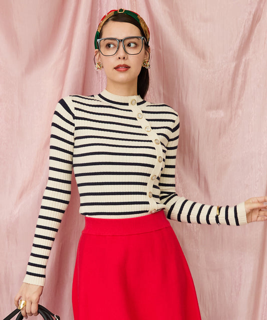 【FONT LAB】アシンメトリーボタンハイネックリブニット