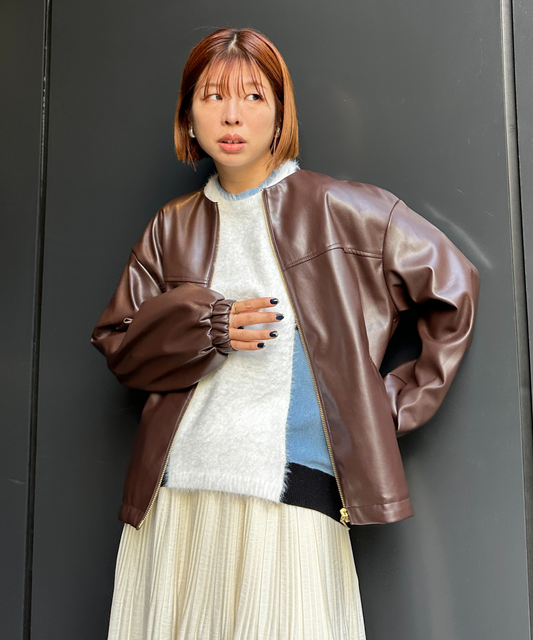 【INNOWAVE】【R】ラウンドネックフェイクレザーブルゾン